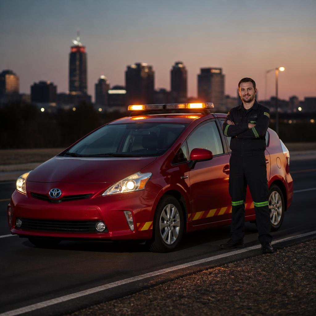 Professional Double A Roadside Assistance technician with a red Toyota Prius V service vehicle at dusk